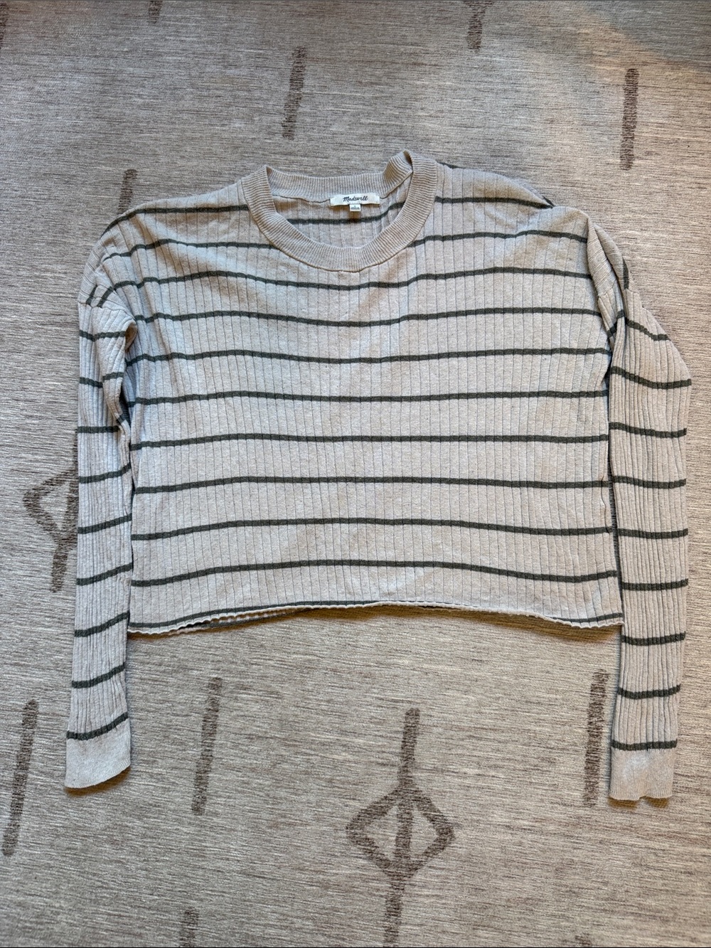 Madewell Beige and Olive Striped Ribbed Cropped Long-Sleeve Sweater